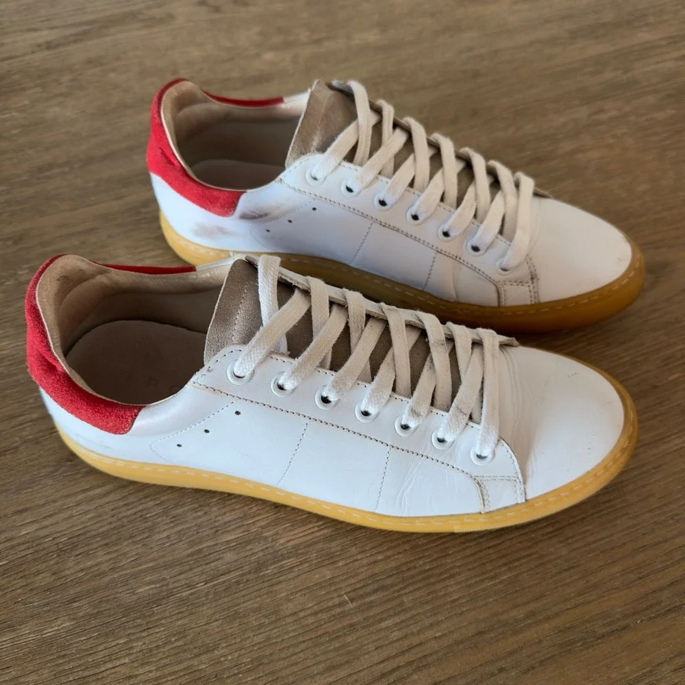 IRO Prissy‎ Leather Sneakers-Red Suede Trim-Low Top Lace Up Rubber Sole-Size 38